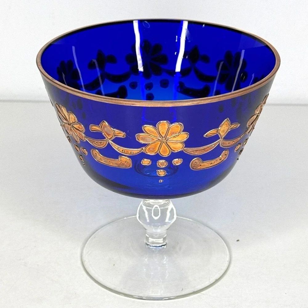 VTG Cobalt Blue Glass Compote Bowl Enamel Gold Gilt Pedestal Dish Candy Bohemian